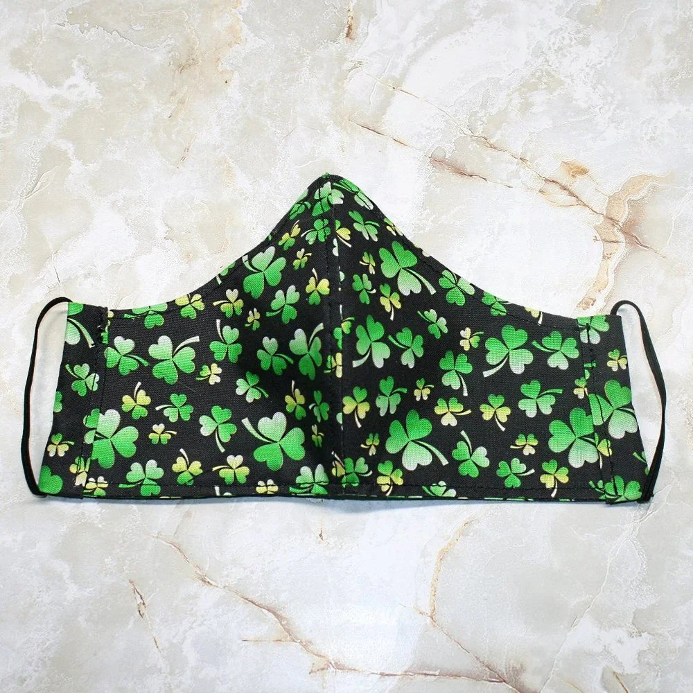HAND CRAFTED Face Mask Black Shamrock Print Cotton - Adult - Shield Style - Picture 4 of 12
